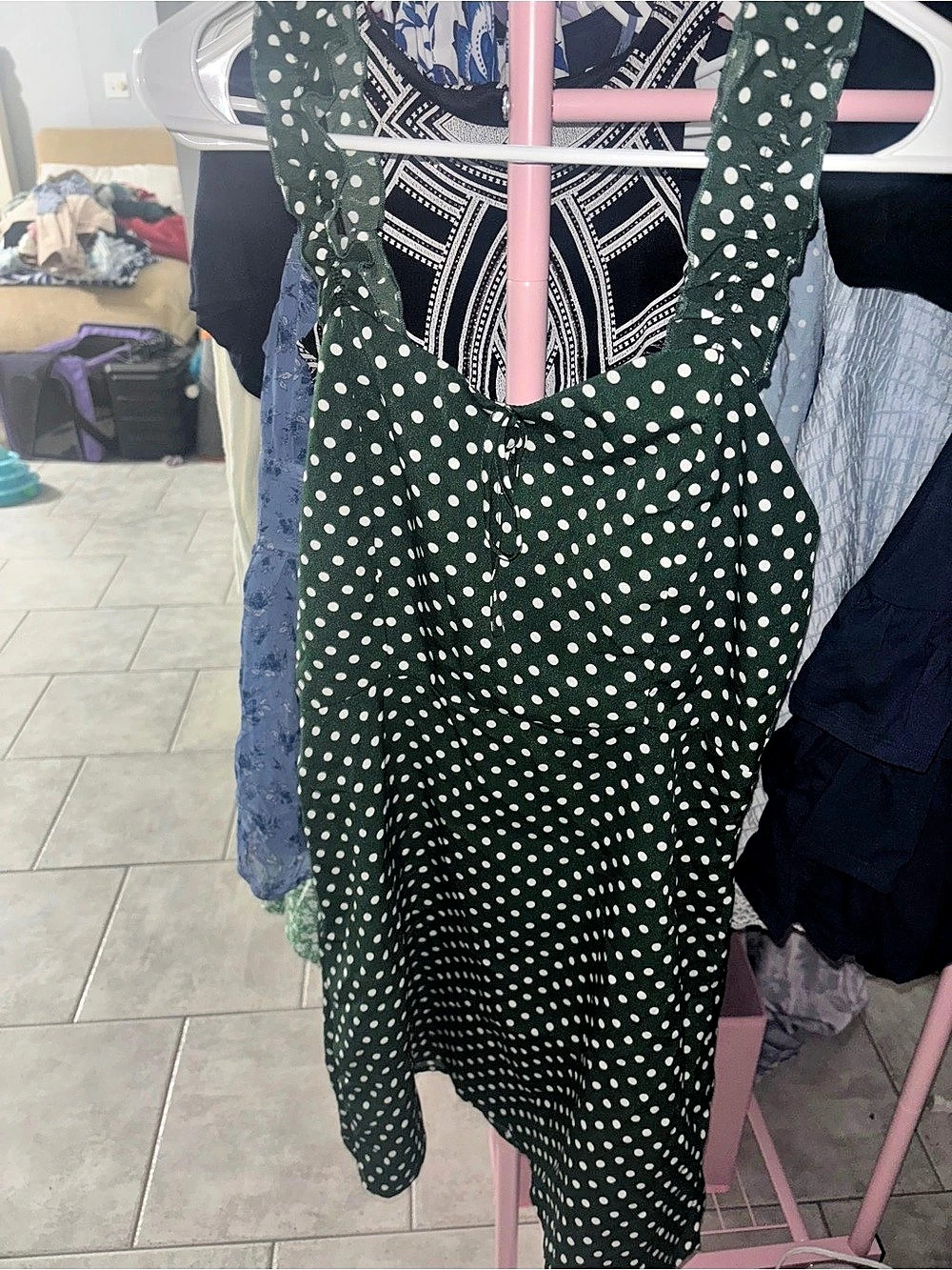 Abercrombie & Fitch Green White Polka Dot Ruffle Smocked Midi Dress
